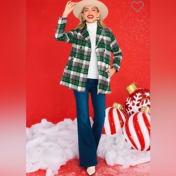 Aura Beauty And Style Dark Emerald Plaid Pea Coat Green Double Breasted L NWT - Picture 1 of 13